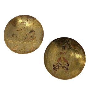 Vintage Etched Brass Wall Bowls Pair Pakistan Figural Decorative Plates